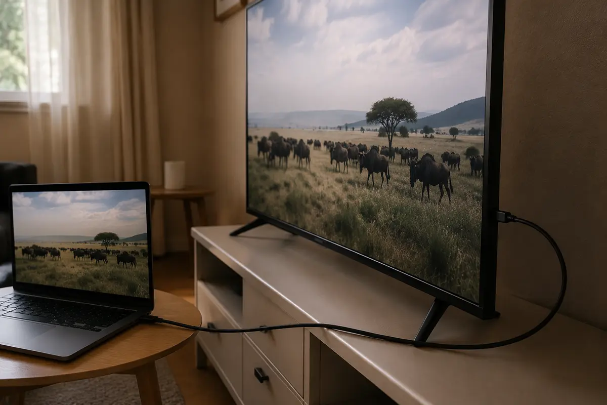 Portátil ligado por HDMI à televisão e a transmitir a mesma imagem no ecrã grande