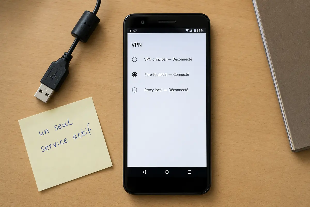 Liste Android montrant un seul service VPN local connecté à la fois