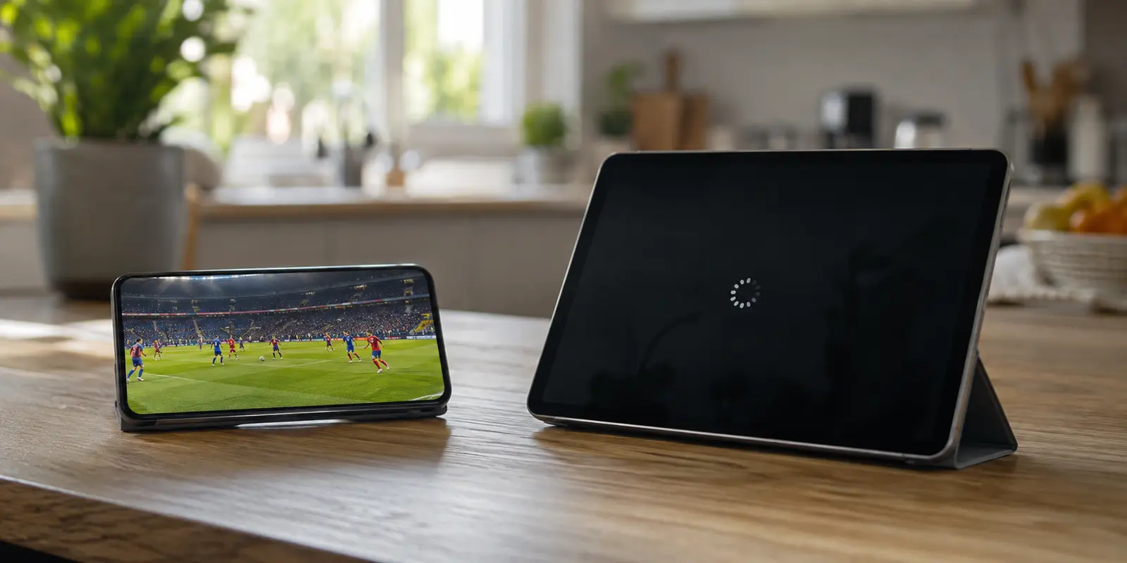 Téléphone lisant une vidéo sportive et tablette en chargement