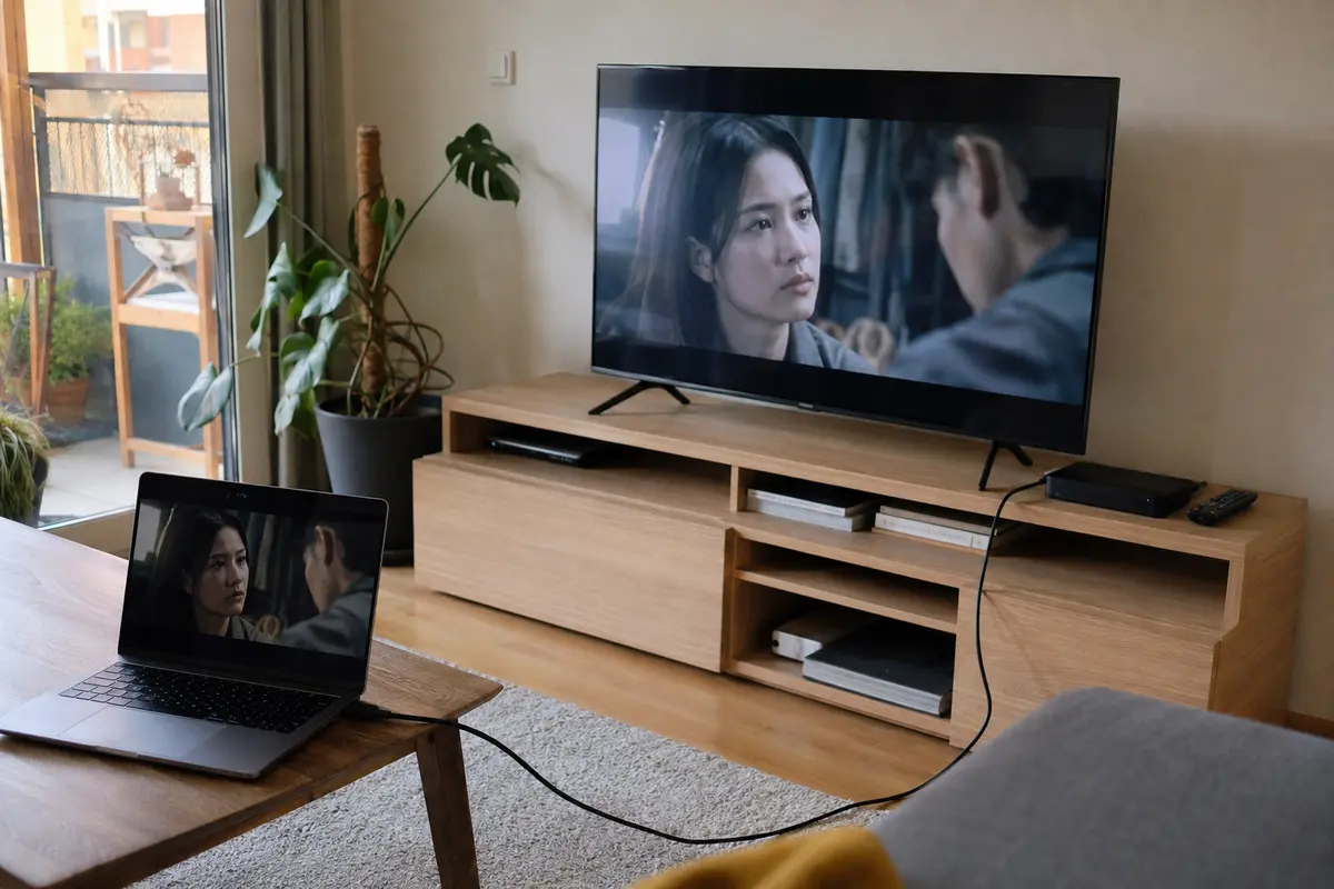 Un ordinateur envoie un programme au téléviseur tandis que la TV-Box reste séparée sur le meuble