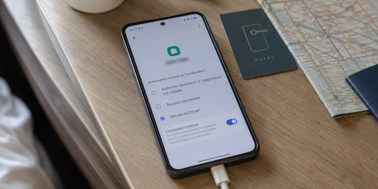 Téléphone Android affichant les autorisations de localisation sur un bureau d’hôtel