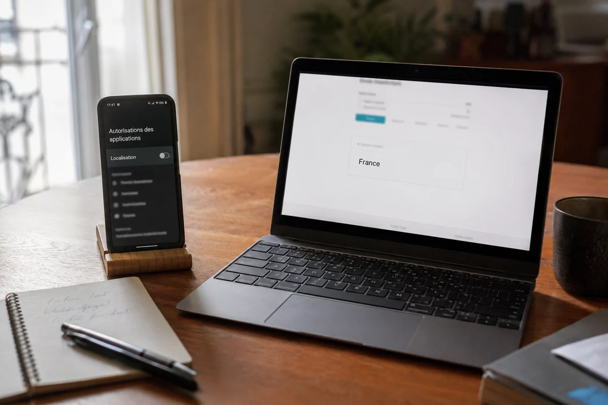 Permission de localisation désactivée sur un téléphone à côté d’un ordinateur indiquant une adresse IP en France