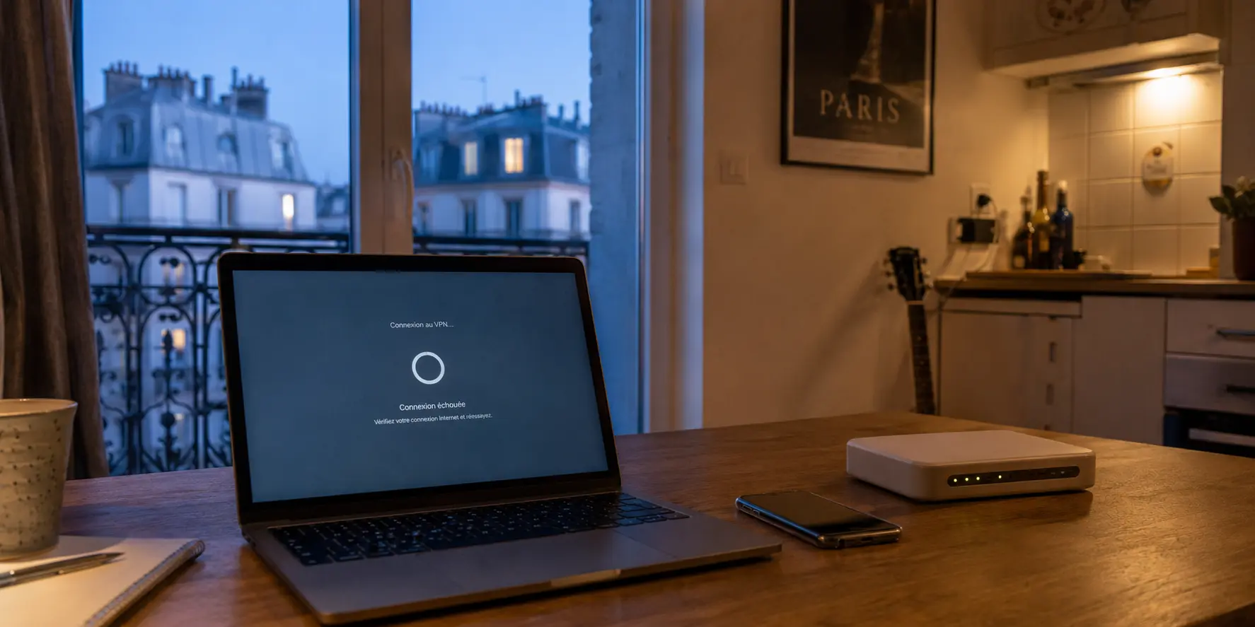 Ordinateur affichant un échec de connexion VPN dans un appartement parisien