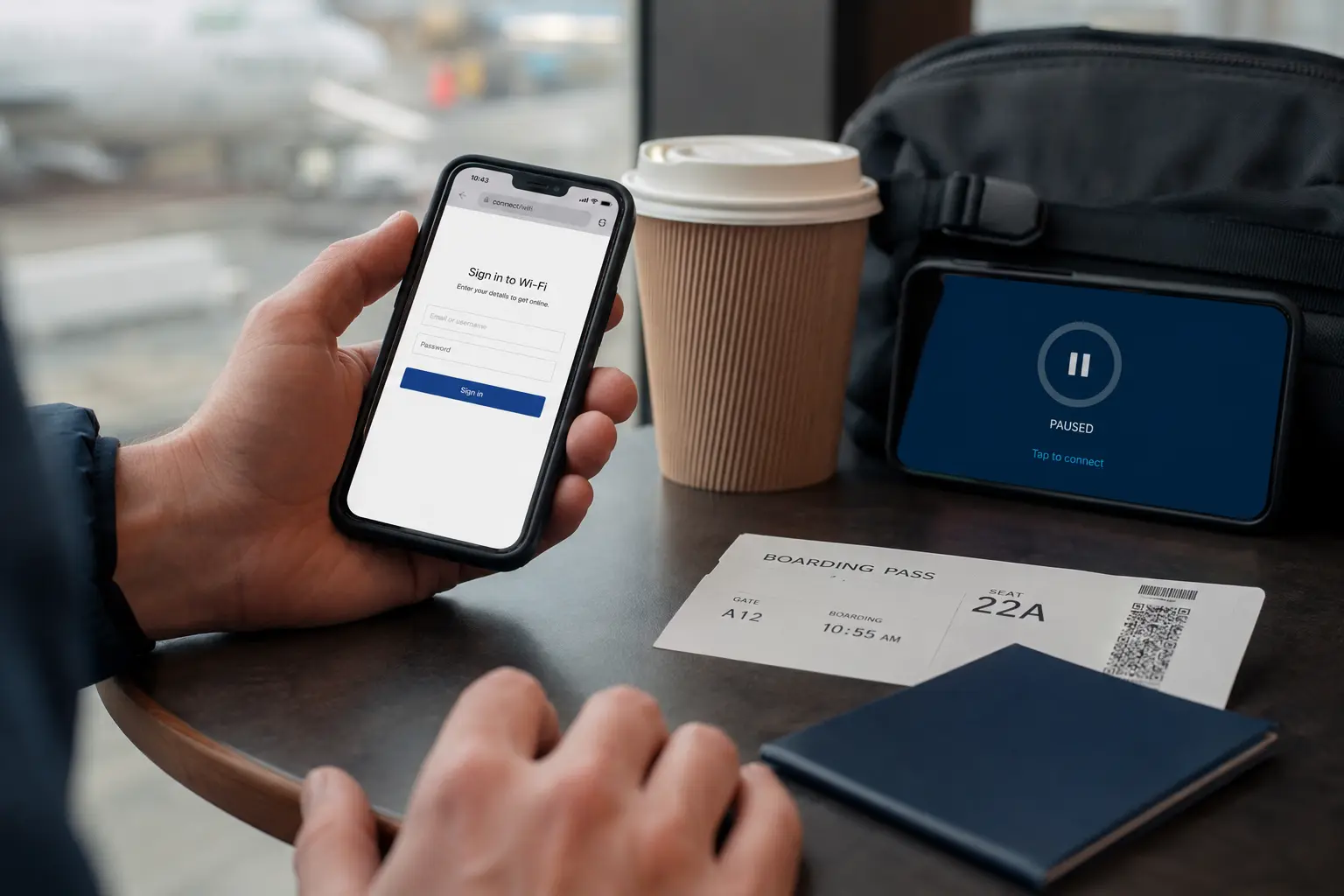 Ordinateur et téléphone sur une table pendant un test de connexion VPN