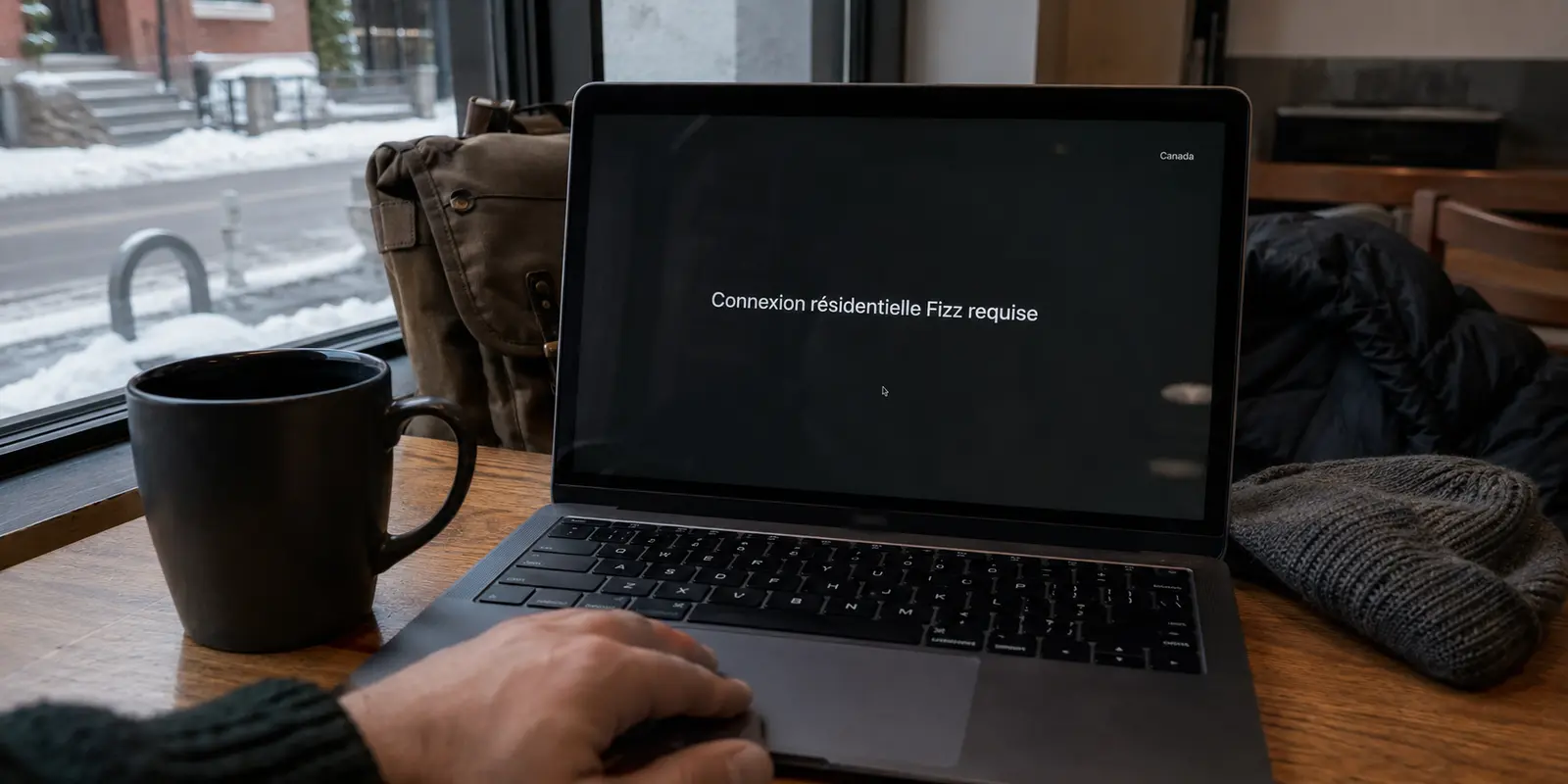 Un ordinateur connecté depuis l’extérieur affiche que Fizz TV exige une connexion résidentielle Fizz.