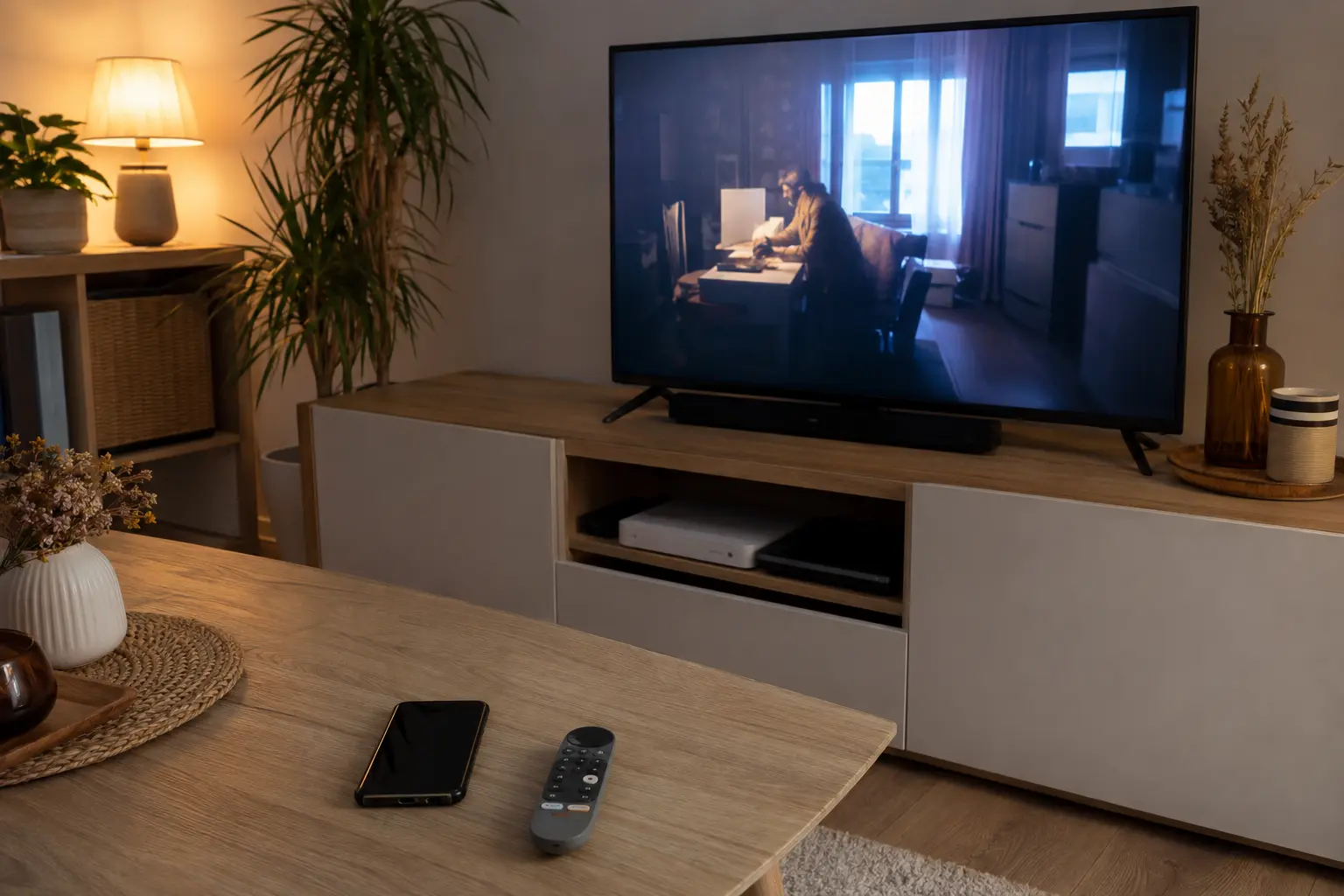 La vidéo fonctionne sur la télévision tandis que le téléphone reste posé