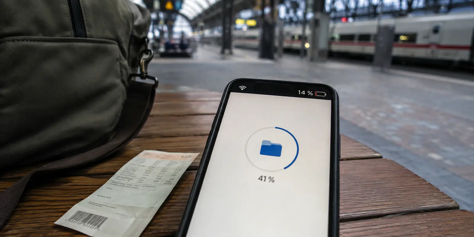 Dans une gare, un transfert reste bloqué à 41 % sur un téléphone dont la batterie est à 14 %