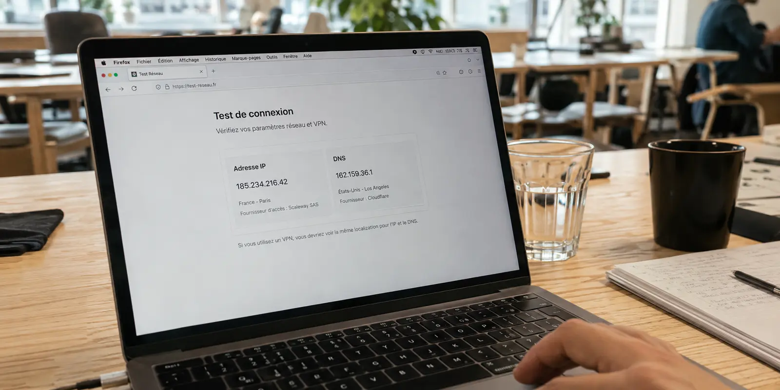 Un ordinateur dans un espace de coworking affiche une adresse IP protégée mais un résolveur DNS différent