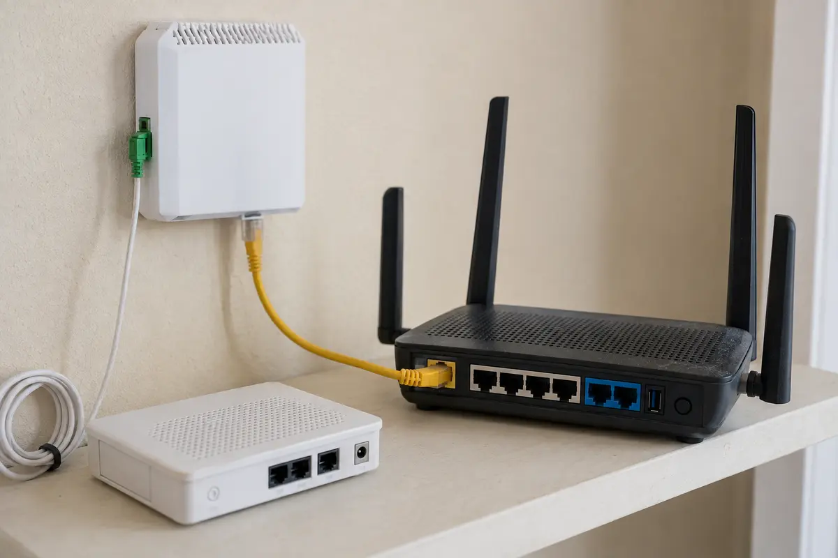 ONT fibre relié directement au routeur personnel tandis que l’ancienne box reste débranchée