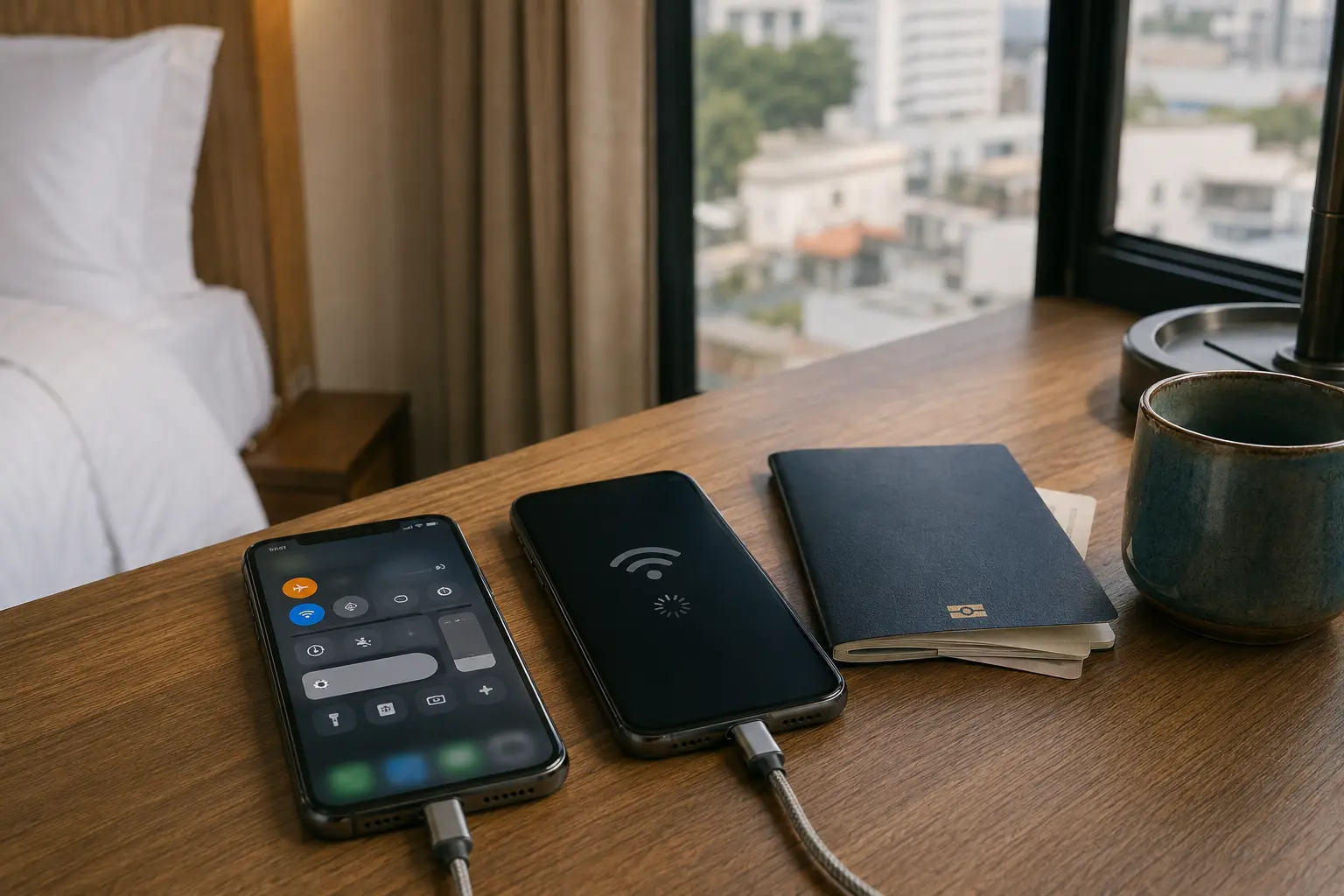 Téléphone affichant une page de connexion Wi-Fi à côté d’une carte d’embarquement
