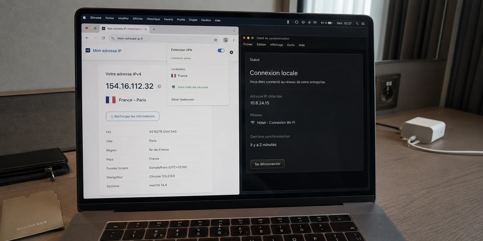 Chrome affiche une adresse française tandis qu’une application de bureau reste sur la connexion locale