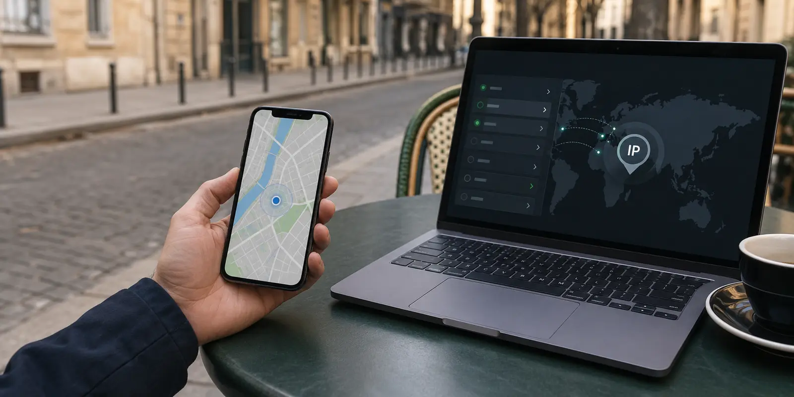 Téléphone affichant une position et ordinateur connecté au VPN