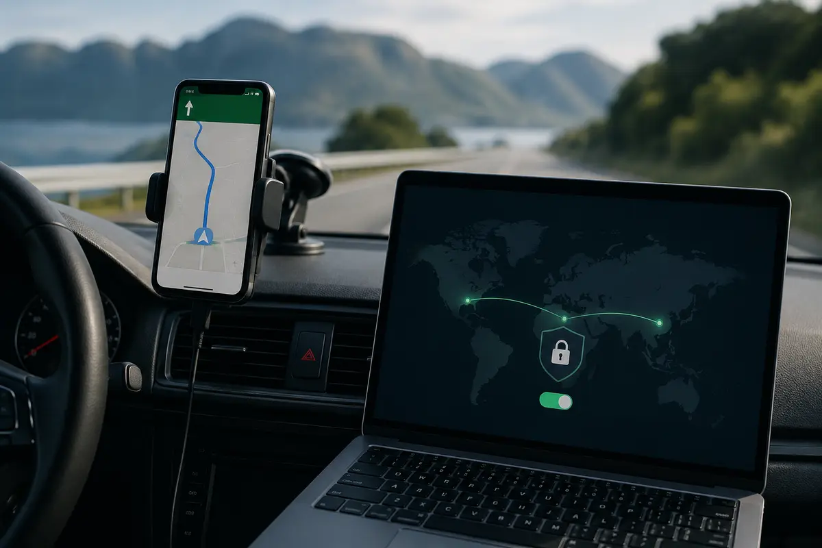 Téléphone affichant une position et ordinateur connecté au VPN