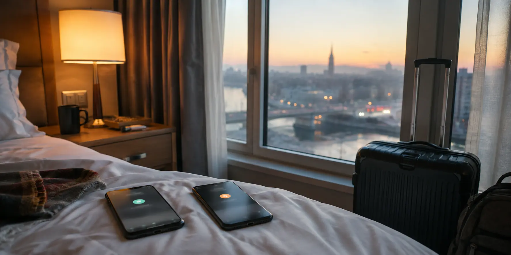 Deux téléphones dans une chambre d’hôtel illustrant deux chemins réseau