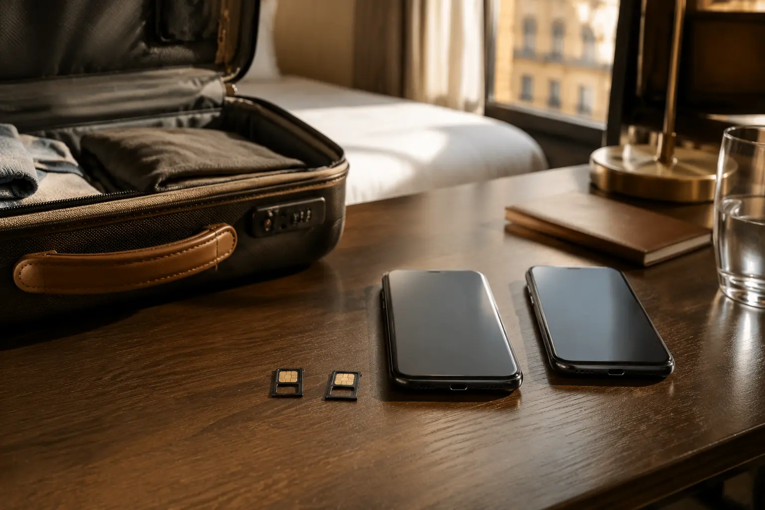 Deux téléphones et des cartes SIM sur un bureau de chambre d’hôtel