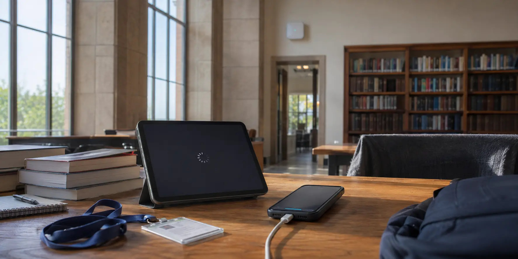 Tablette bloquée et téléphone en partage de connexion dans une bibliothèque universitaire