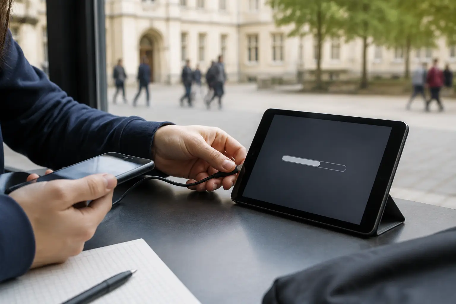 Téléphone relié à une tablette pour tester le partage de connexion sur un campus