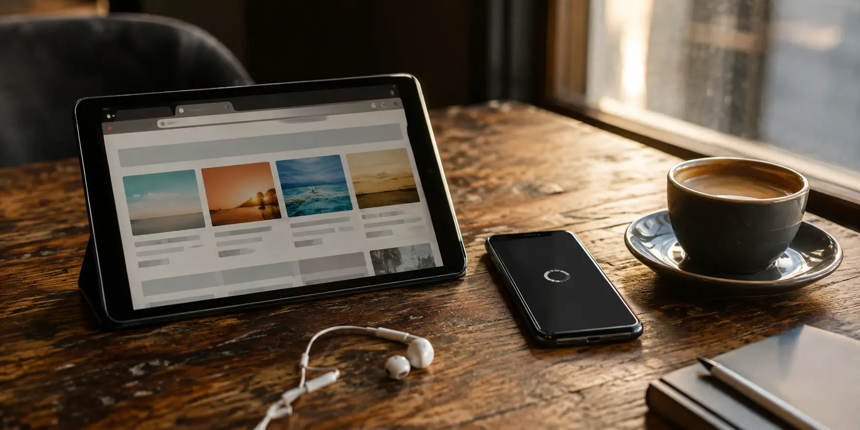 Navigateur chargé sur une tablette tandis qu’une application reste bloquée sur un téléphone dans un café