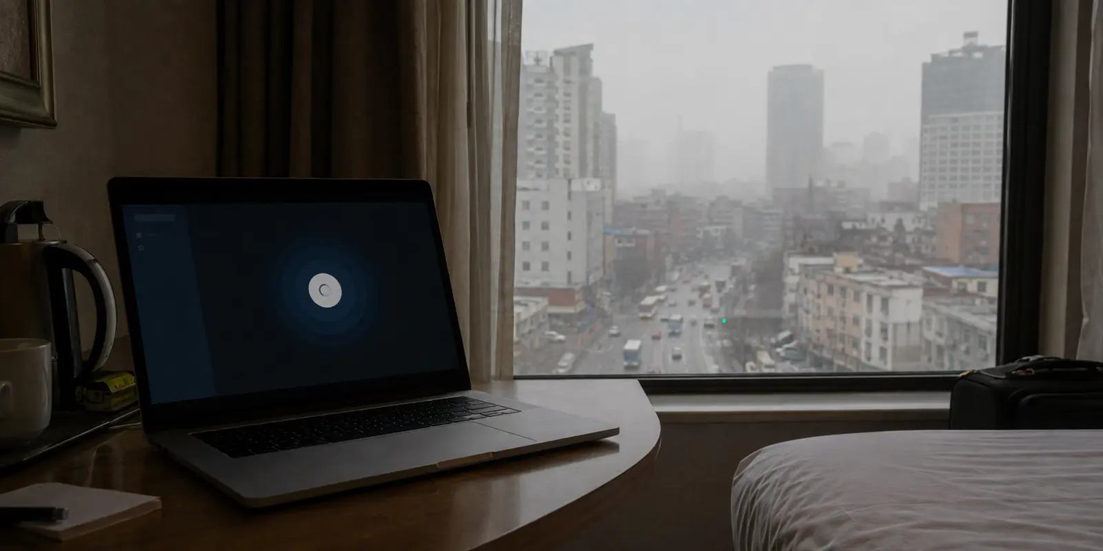 Un portátil intenta conectarse a una VPN desde una habitación de hotel en Zhengzhou.