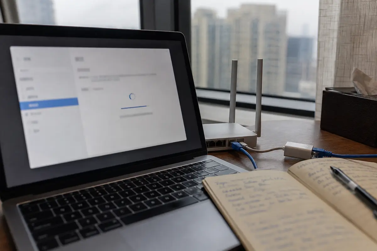 Un portátil intenta conectarse a una VPN desde una habitación de hotel en Zhengzhou.