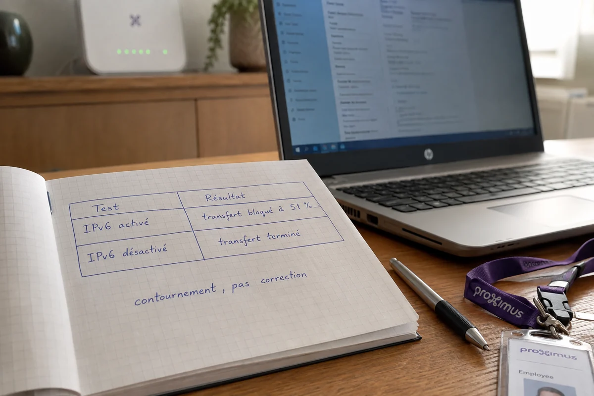 Carnet de diagnostic comparant le transfert avec IPv6 activé puis désactivé