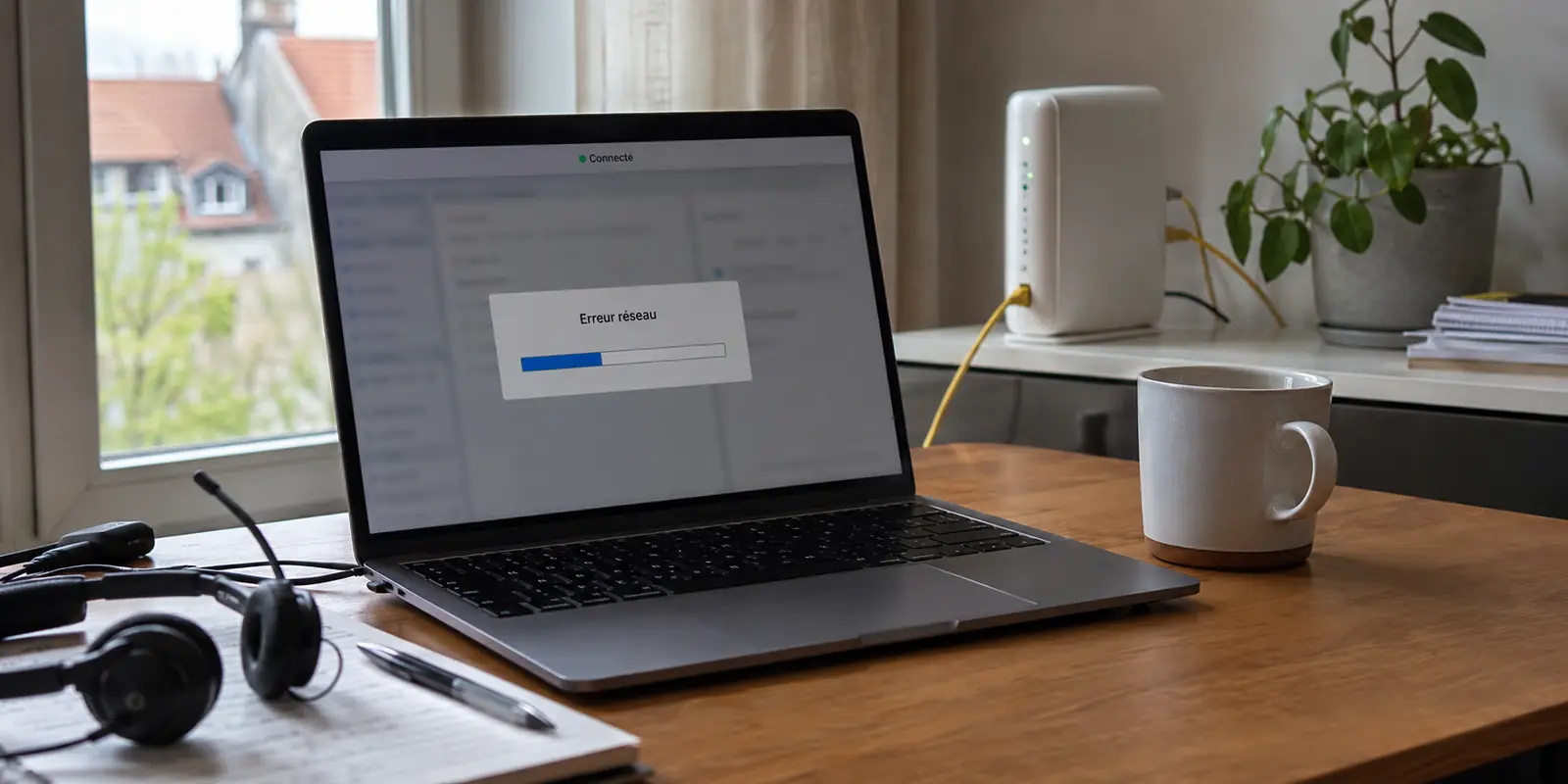 Sur une connexion fibre domestique, le VPN professionnel est connecté tandis qu’un transfert affiche Erreur réseau.