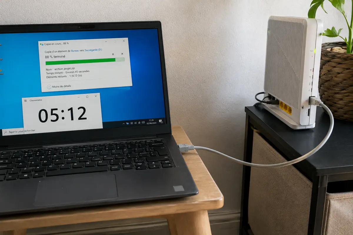 Un ordinateur de travail relié directement à la box fibre par Ethernet pendant un transfert de fichier de plus de cinq minutes