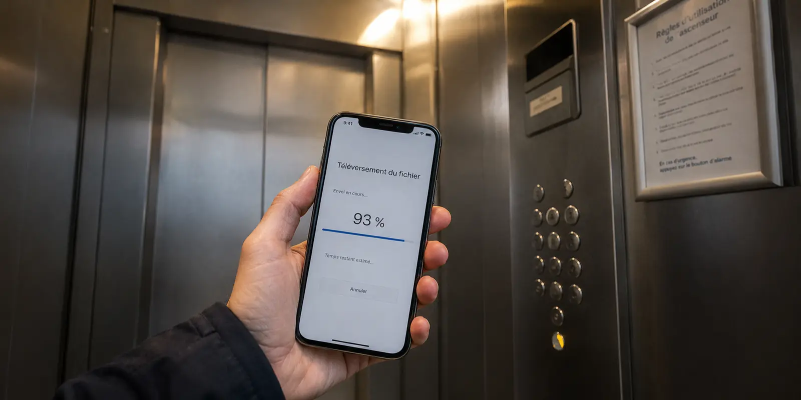 Dans un ascenseur, un téléphone affiche un envoi de fichier bloqué à 93 % après le passage du Wi-Fi à la 5G