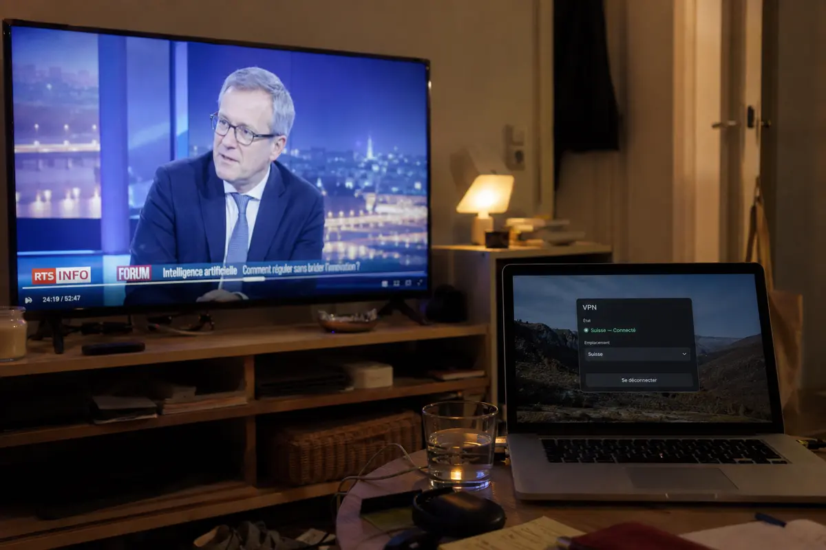 Dans un appartement de voyage, une émission suisse joue sur le téléviseur tandis que l’ordinateur reste connecté en Suisse.