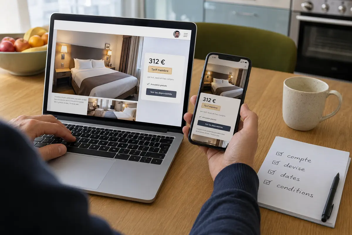Le même tarif membre pour un hôtel apparaît sur ordinateur et téléphone avec le compte et les conditions inchangés