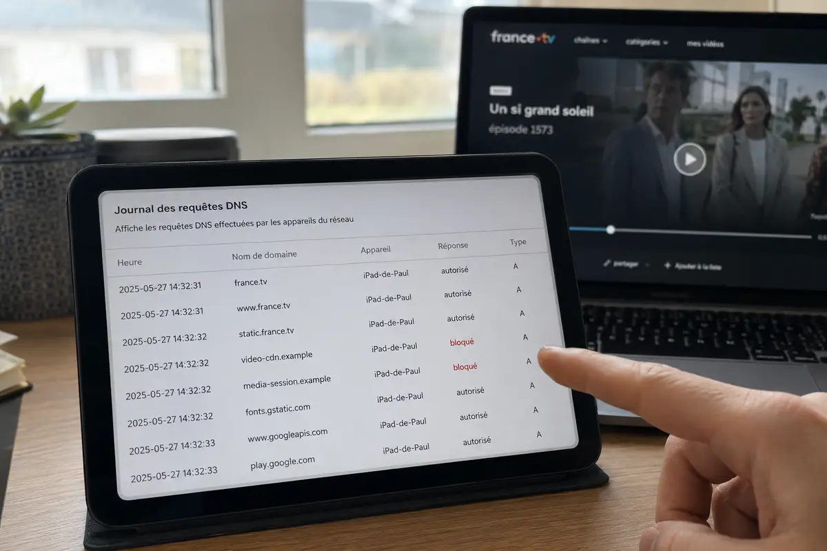 Le journal DNS révèle des domaines vidéo secondaires bloqués pendant que france.tv est ouvert