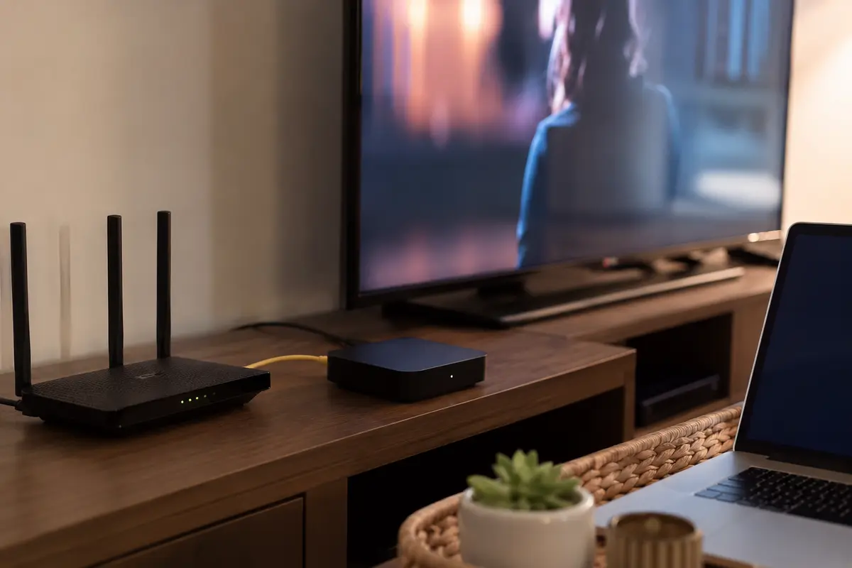 Le boîtier TV et le routeur dans le salon