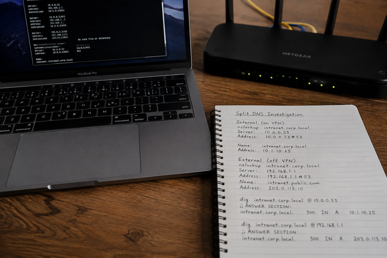 Le poste, le routeur et les notes DNS rendent concrète la piste du résolveur réellement consulté par macOS.