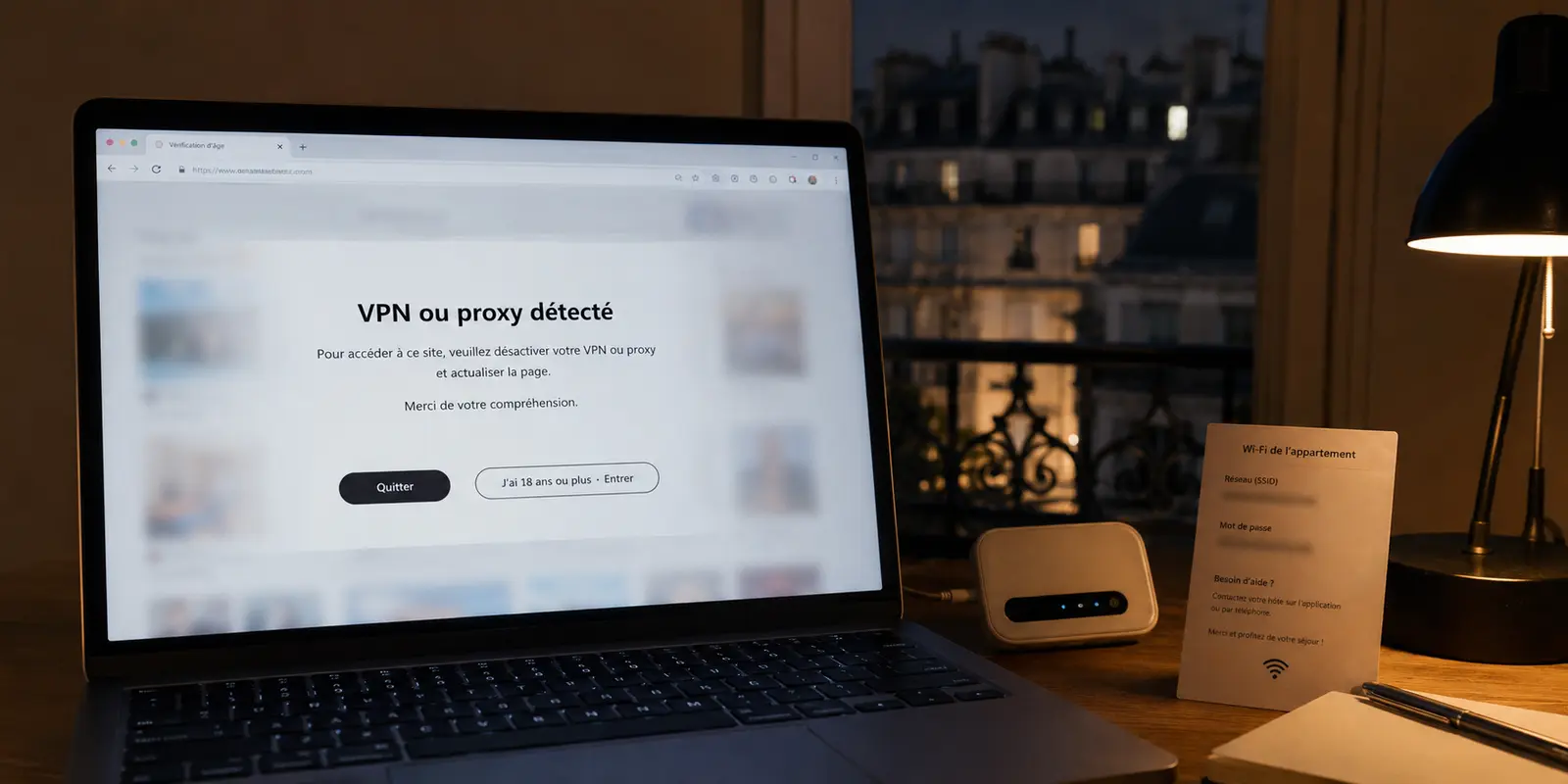 Un site affiche VPN ou proxy détecté sur un ordinateur connecté au Wi-Fi d’un appartement loué à Paris