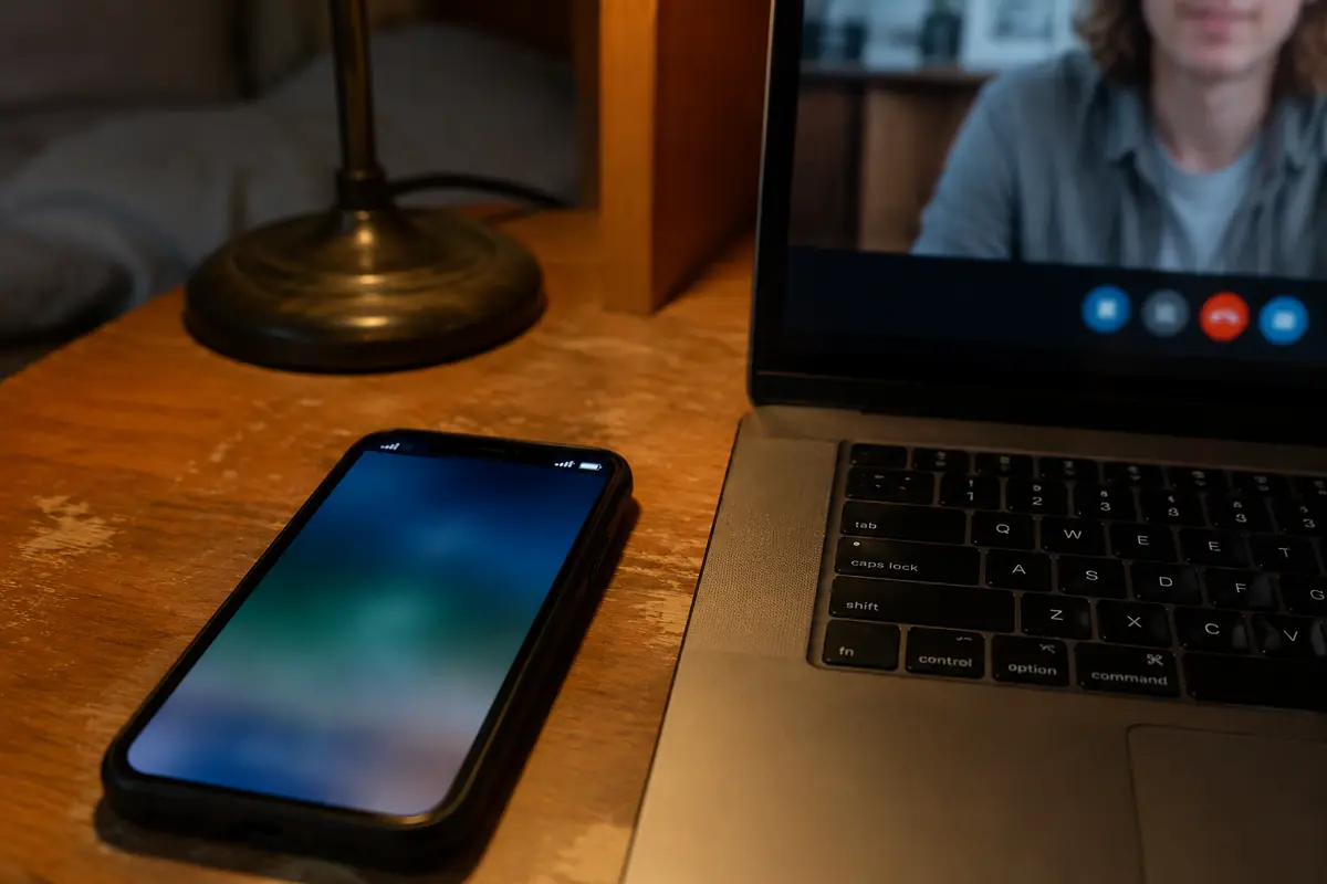 Téléphone en partage de connexion posé près d’un ordinateur pendant une visioconférence