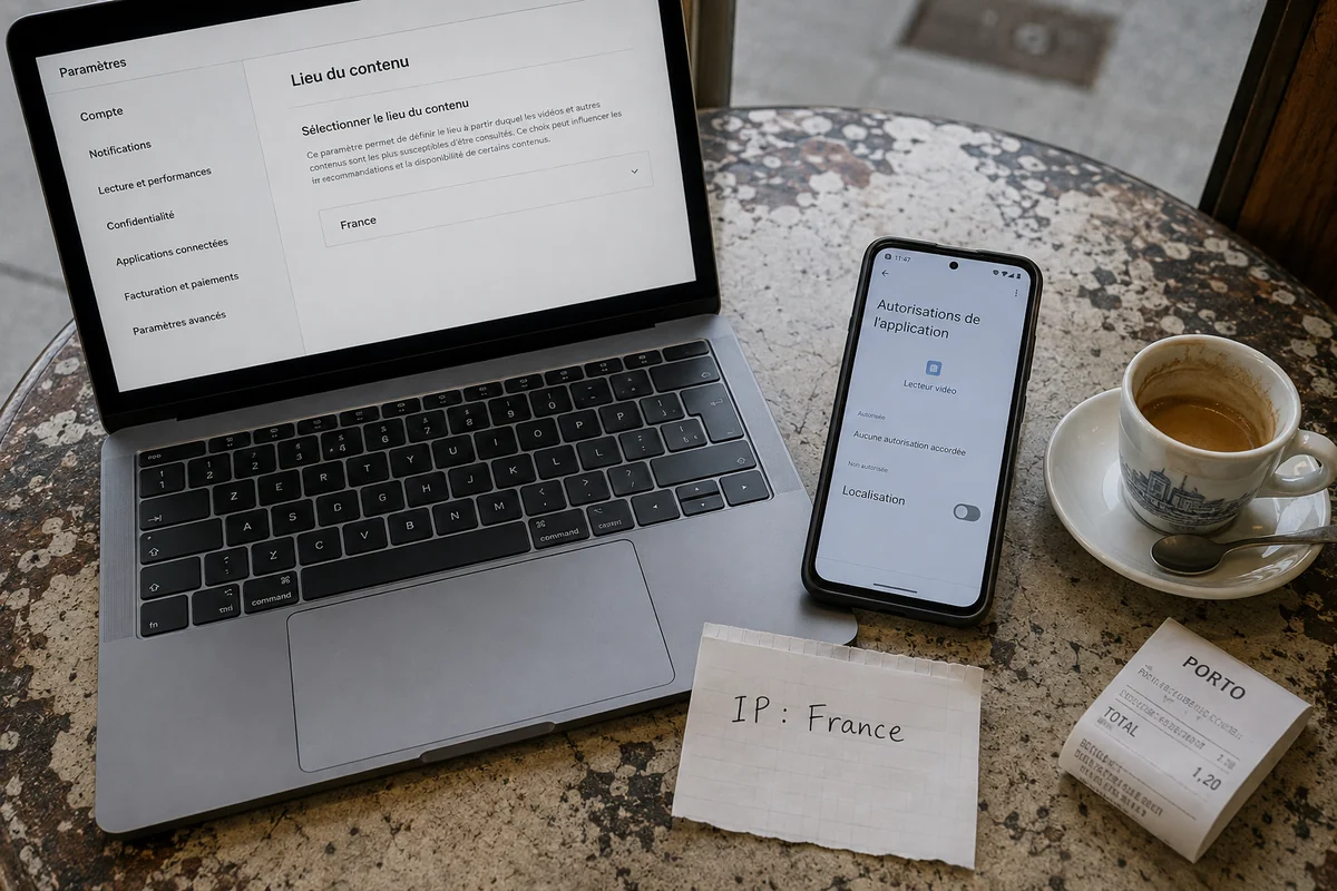 Réglage de contenu français, permission de localisation coupée et note confirmant une IP française