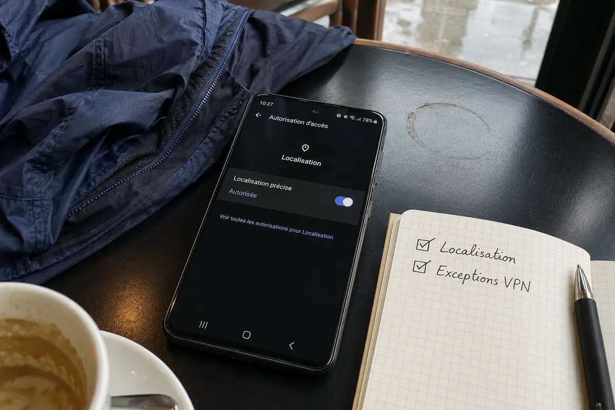 Les réglages de localisation précise côtoient une liste de vérification des exceptions VPN