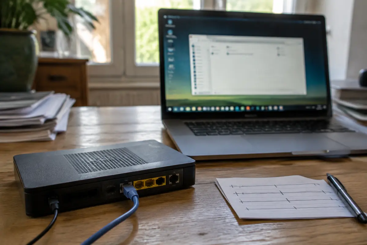 Un routeur relié en Ethernet à côté d’un ordinateur de travail