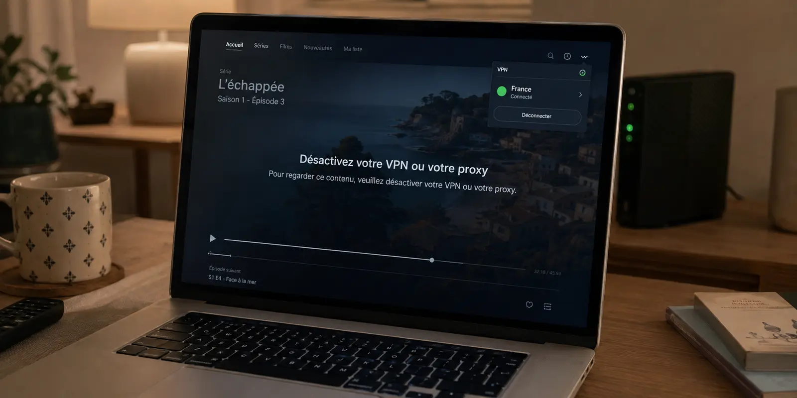 À domicile, une plateforme refuse la lecture pour cause de VPN alors que l’application indique une connexion française.