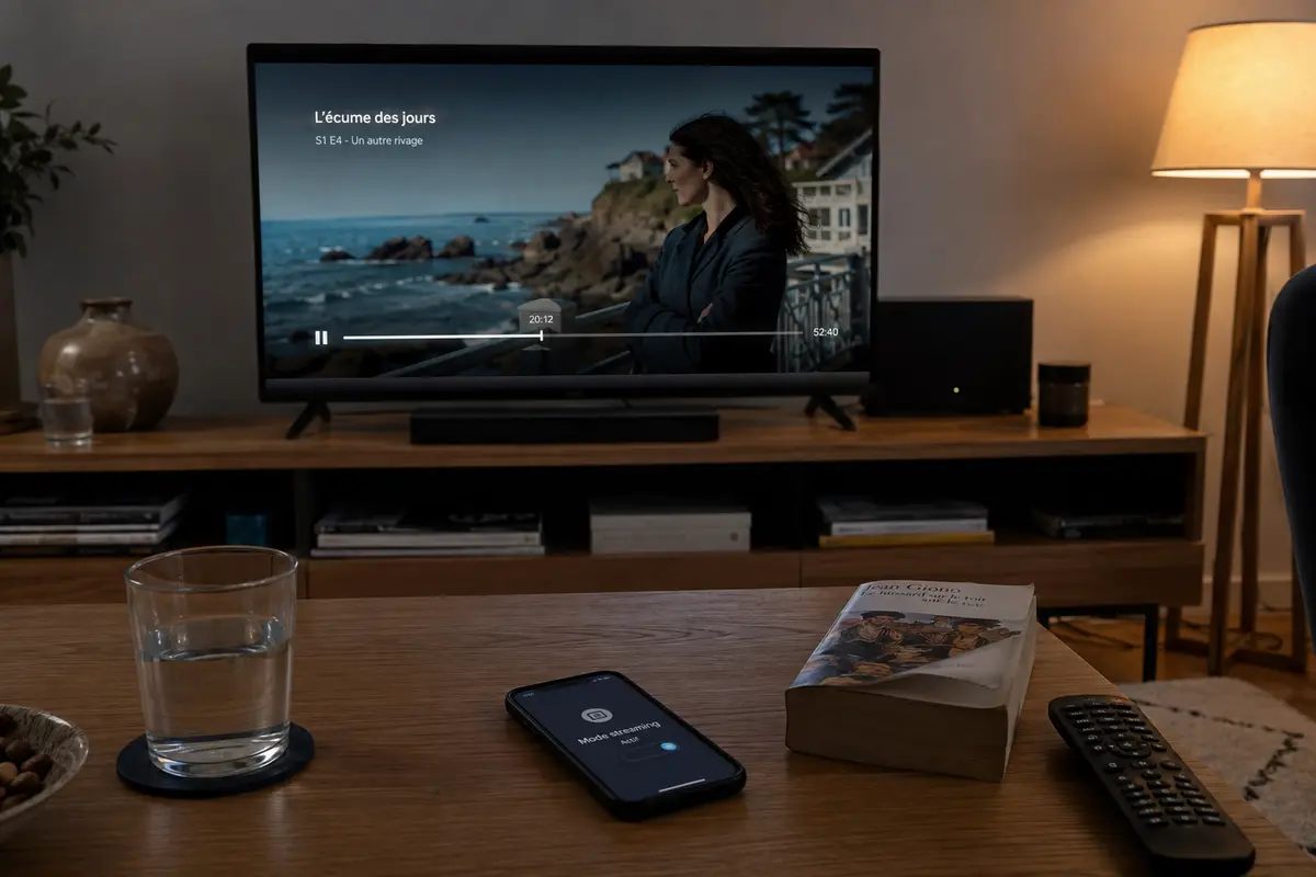 Un épisode joue depuis vingt minutes sur le téléviseur pendant qu’un téléphone indique que le mode streaming est actif.