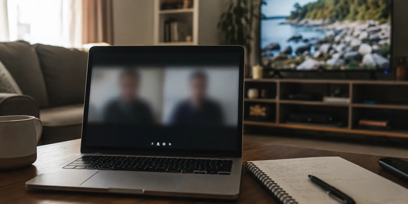 Visioconférence figée sur un portable tandis que la télévision continue sa lecture