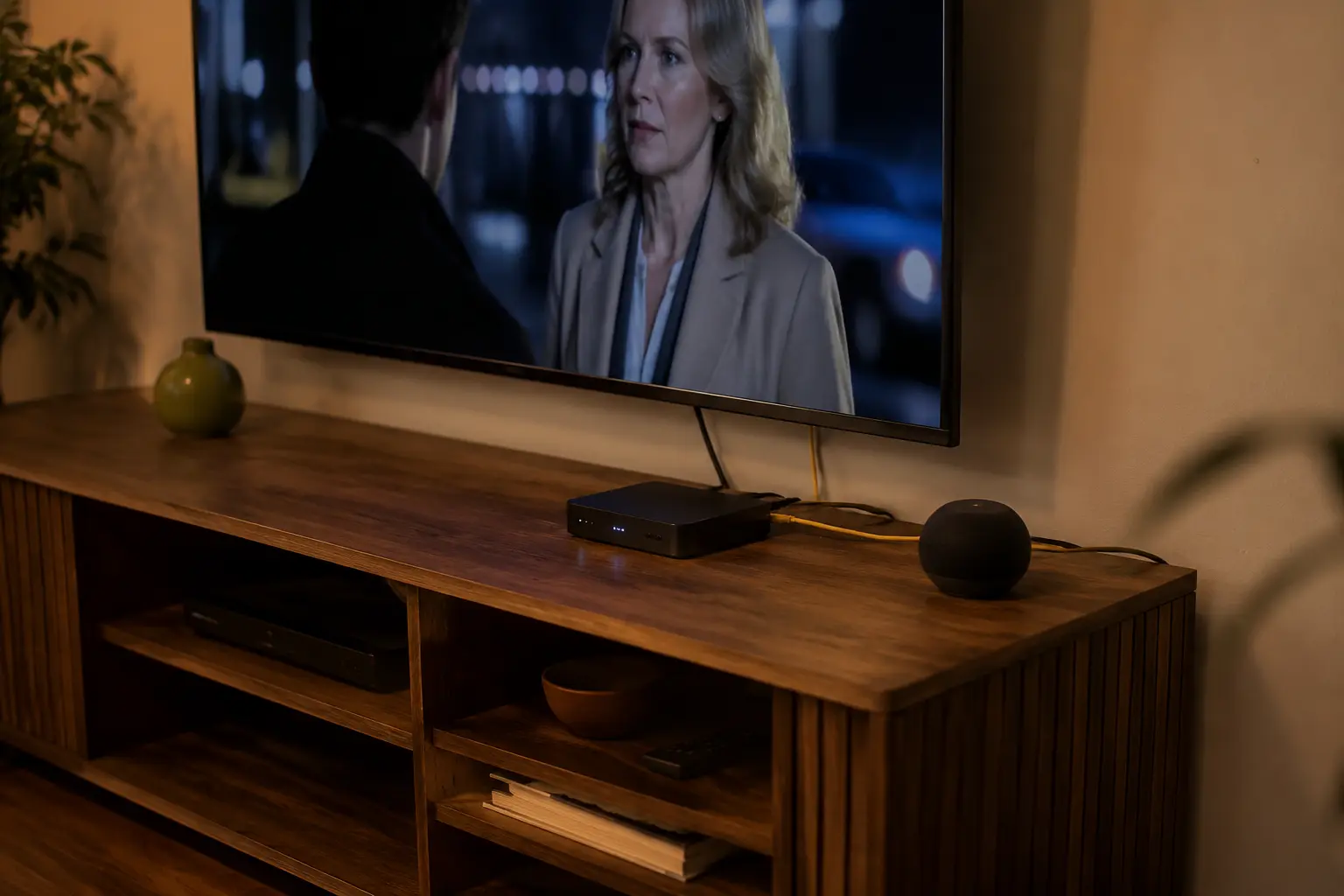 Boîtier TV relié par câble sur un meuble multimédia