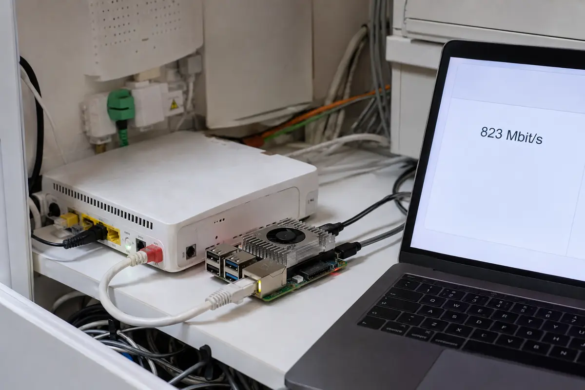 Un petit ordinateur dédié relié à l’Internet-Box fait monter le test WireGuard à 823 Mbit/s.