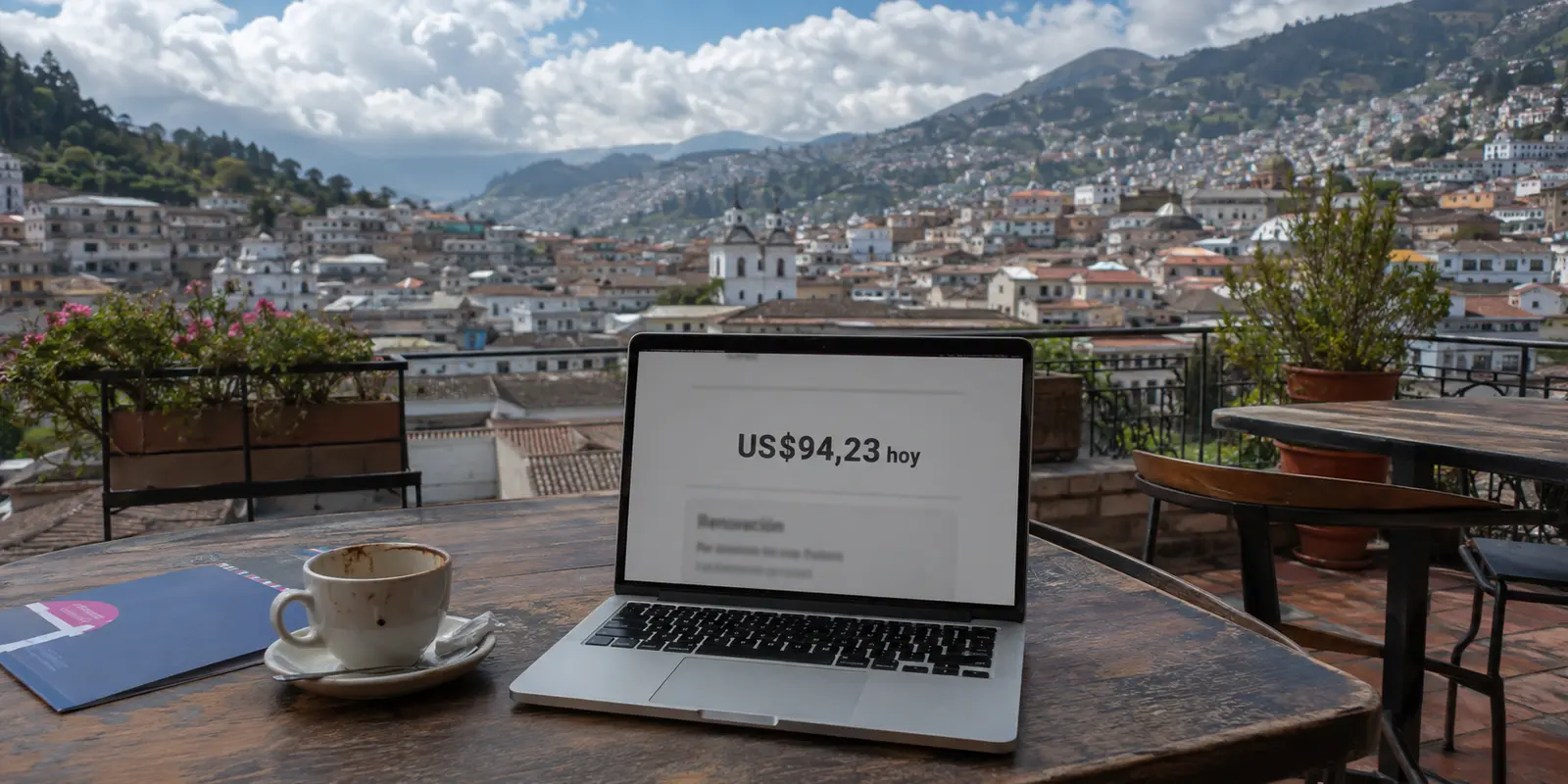 En una cafetería de Quito, el pago anticipado de una VPN aparece en el portátil