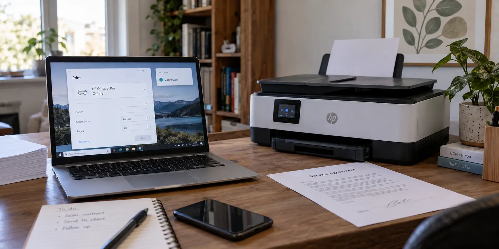 A powered-on office printer listed Offline while the laptop VPN remains Connected