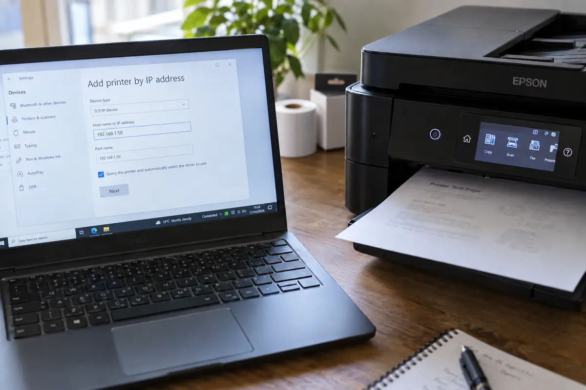 A test page printing after a network printer is added directly by its local IP address