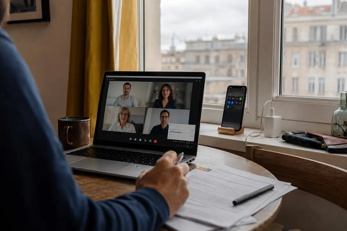 Un appel vidéo et un téléchargement fonctionnent sur un ordinateur relié au partage 5G