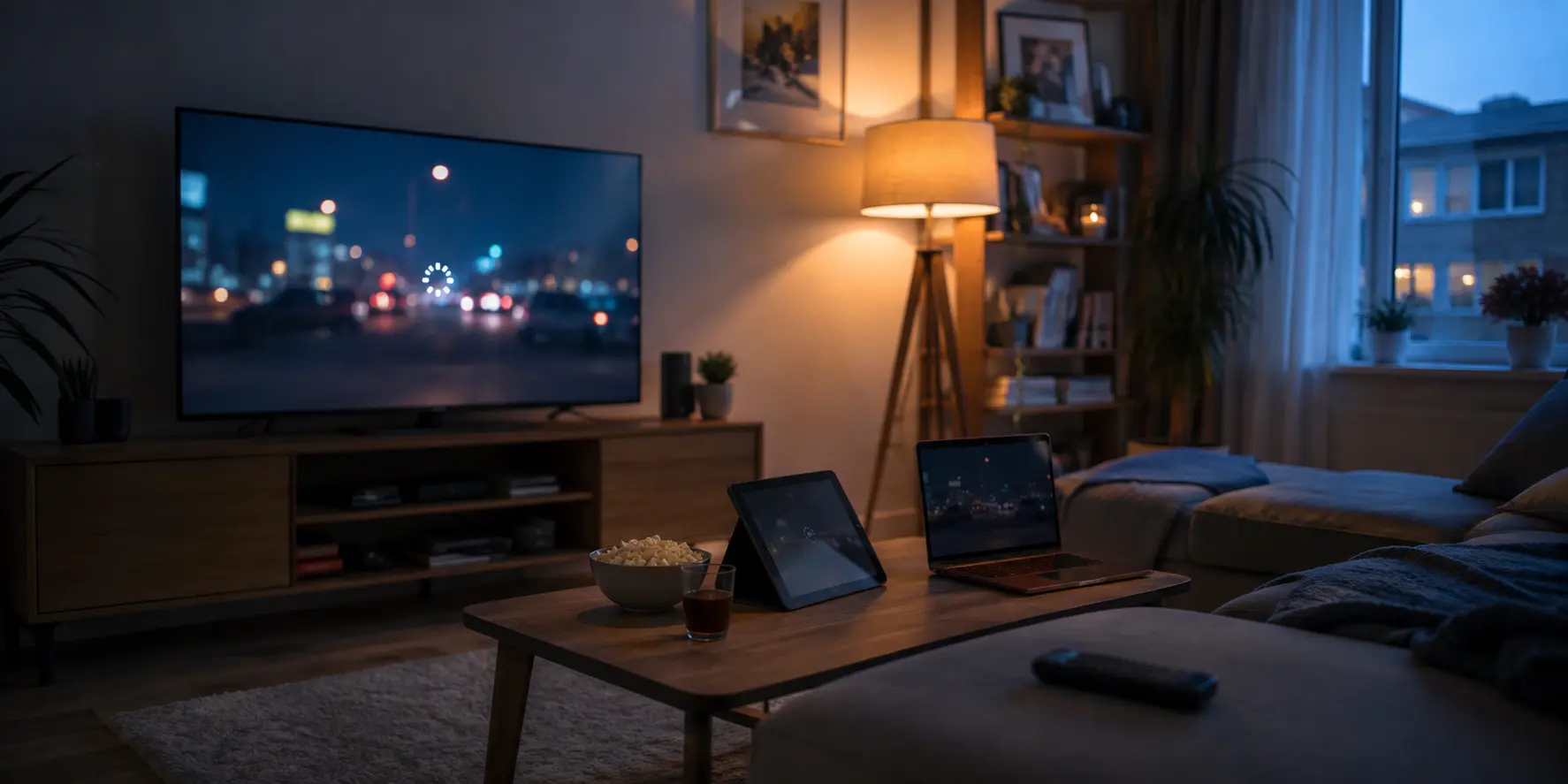 Sala de estar com televisão carregando uma transmissão e outros aparelhos prontos para continuar o streaming