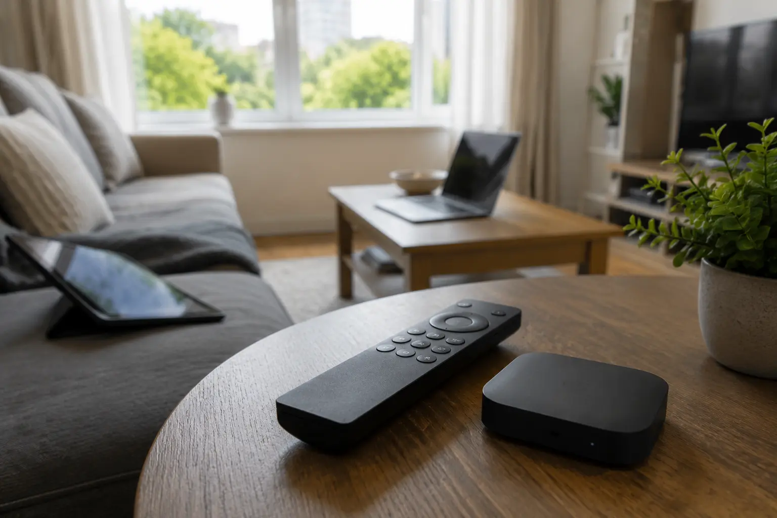 Controle remoto e caixa de streaming ao lado de tablet em uma sala iluminada