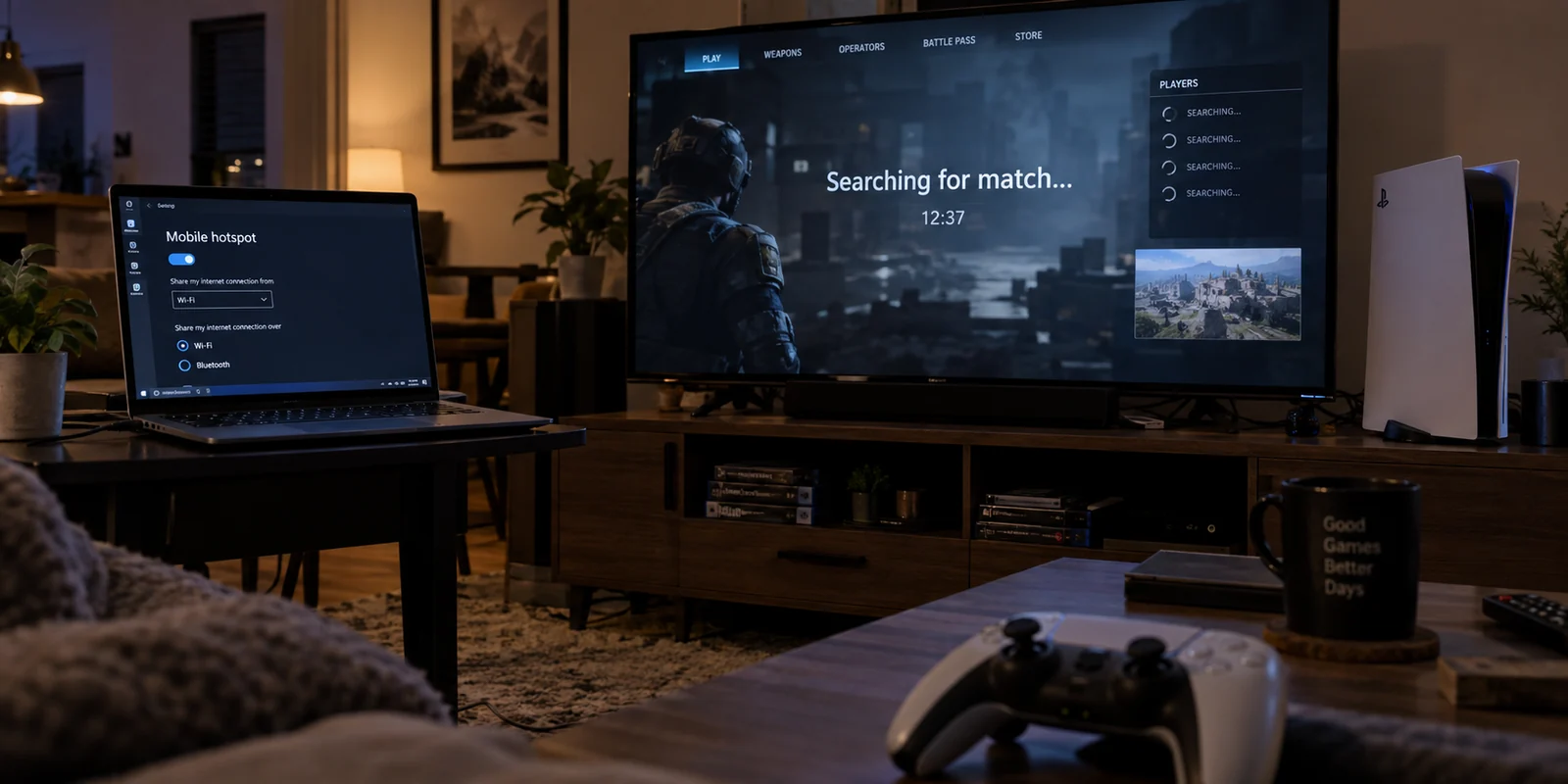 A PS5 stuck searching for a multiplayer match while connected through a Windows laptop hotspot.